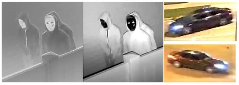 Handout photo of three masked suspects and a possible getaway vehicle as seen in a surveillance footage